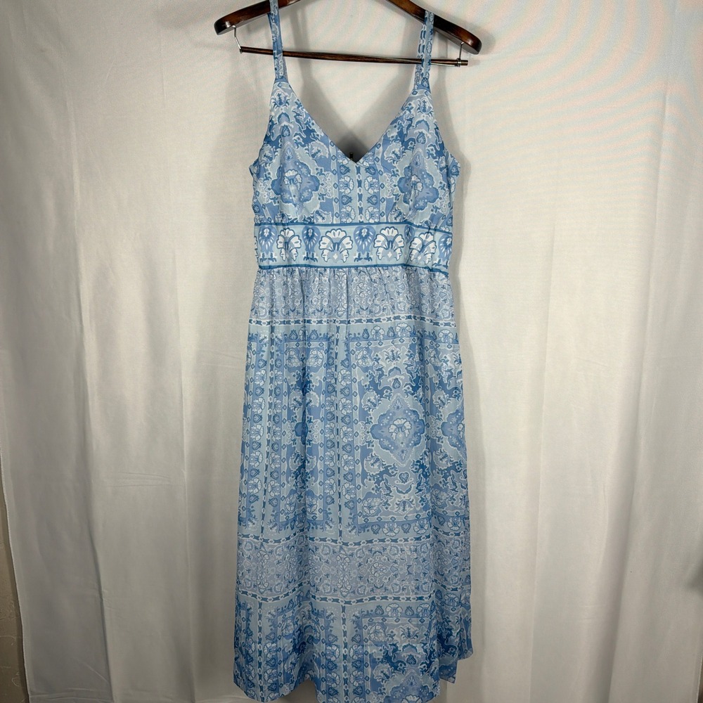 Gretchen Scott Midi Dress Blue White Medallion Tile Print Smocked Back‎ Womens L
